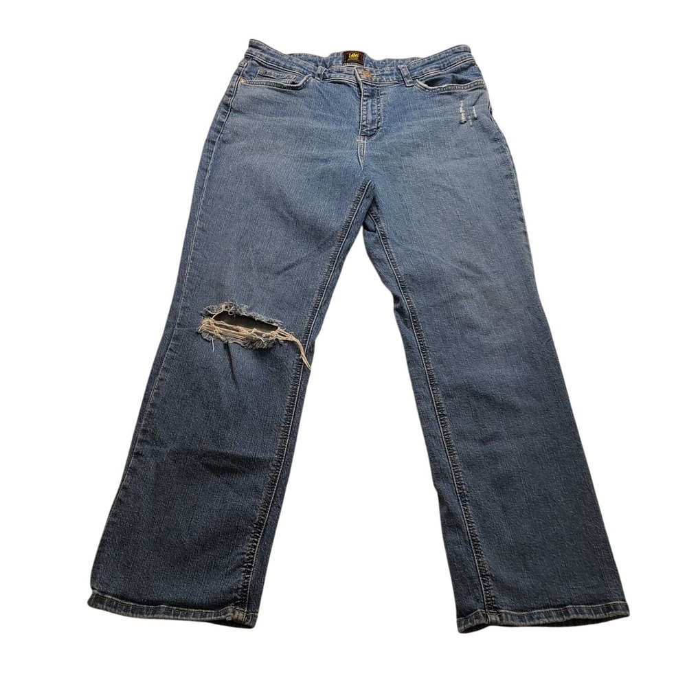 Lee Women's Medium Wash Distressed Straight Leg Jeans Blue Denim Mid Rise Pants